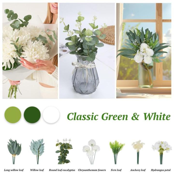 Kunstbloemen, , bloemen, 59 stuks, eucalyptus, hortensia, zijdebloemen als echte bloemstukken, tafel, kernstuk voor doe-het-zelf decoratie, woonkamer, slaapkamer,