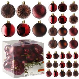wijnrode kerstbalornamenten voor kerstversiering - 36 stuks kerstboom onbreekbare ornamenten met ophanglus voor vakantie- en feestdecoratie (combo van 6 stijlen in 3 maten)
