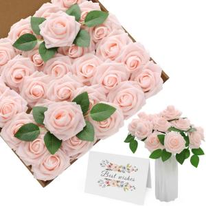 Kunstbloemen, roze rozen, 30 stuks, 8 cm, boeket, kunstdecoratie, bloemen, kunstrozen met stelen en kaart voor Valentijnsdag, tuin, verjaardag, feest, doe-het-zelf bruiloftsdecorat