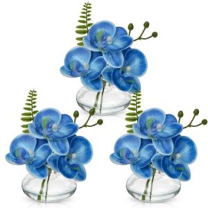 Set van 3 kunstorchideeën in glazen vaas, blauwe orchideeën nepbloemen in kunstwater voor decoratie kunstplanten voor woonkamer badkamer kantoordecoratie