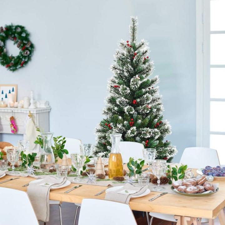 150/180/210/240 cm kunstkerstboom met rode bessen, sneeuwbedekte dennenboom met metalen standaard, pvc- en dennennaalden, kunstboom, kerstklapsysteem (150 cm)