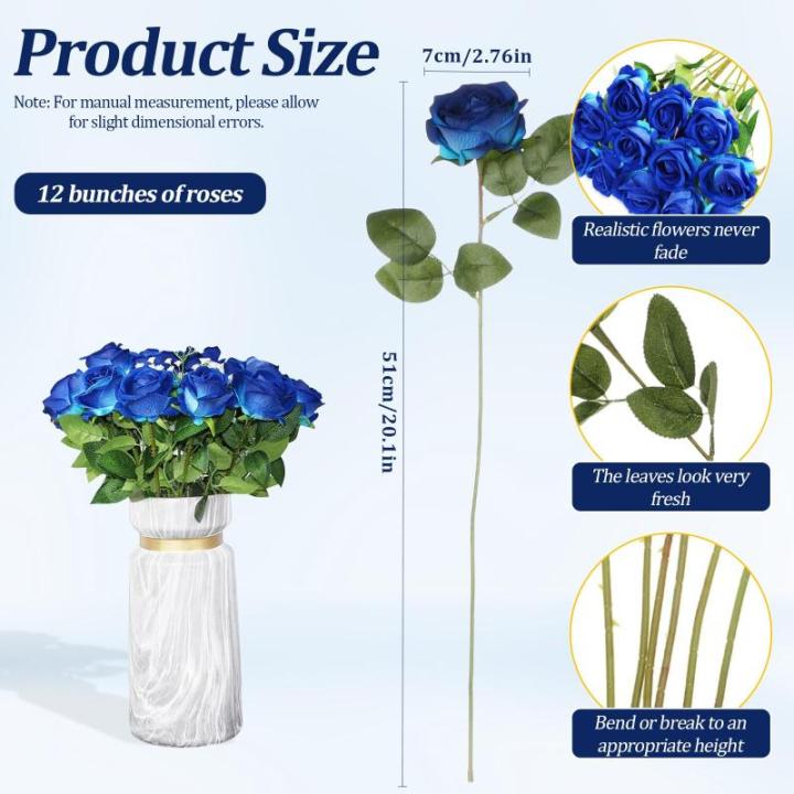 12 stuks kunstbloemen, zijden bloemen, rozen, 51 x 7 cm, kunstbloemen, bladeren en verstelbare stelen, realistische en zachte kunstbloemen voor doe-het-zelf bruiloftsfeest, Valenti