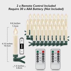 10,5 cm Set van 30 Vlamloze LED Plastic Clip Taper Kaarsen met Afstandsbediening voor Kerstboom, Waterbestendig Batterij Aangedreven Mini Clip-On Kaarsen met Timer, 2 Afstandsbedie