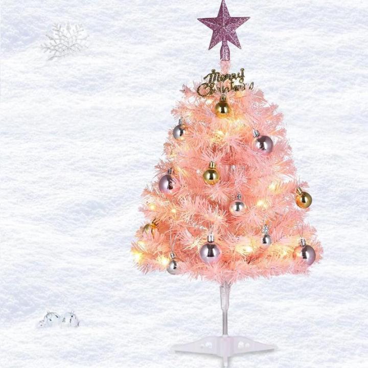 Kleine roze kerstboom, 60 cm mini-kerstboom met led-lichtketting en hangende ornamenten, werkt op batterijen, doe-het-zelf kerstboom voor kerstdecoraties