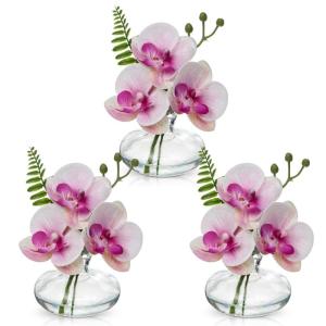 Set van 3 kunstmatige orchideeën in glazen vaas, roze orchideeën nepbloemen in kunstwater voor decoratie kunstplant voor woonkamer badkamer kantoordecoratie