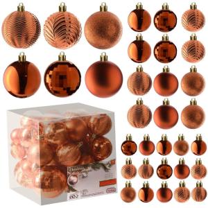 koperoranje kerstbalornamenten voor kerstversiering - 36 stuks kerstboom onbreekbare ornamenten met ophanglus voor vakantie- en feestdecoratie (combo van 6 stijlen in 3 maten)