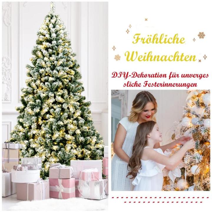 Kunstkerstboom met sneeuw en warmwitte ledverlichting, dennenboom met metalen standaard, pvc-naalden, kunstboom, kerstgroen, 225 cm, 135/180/225 cm
