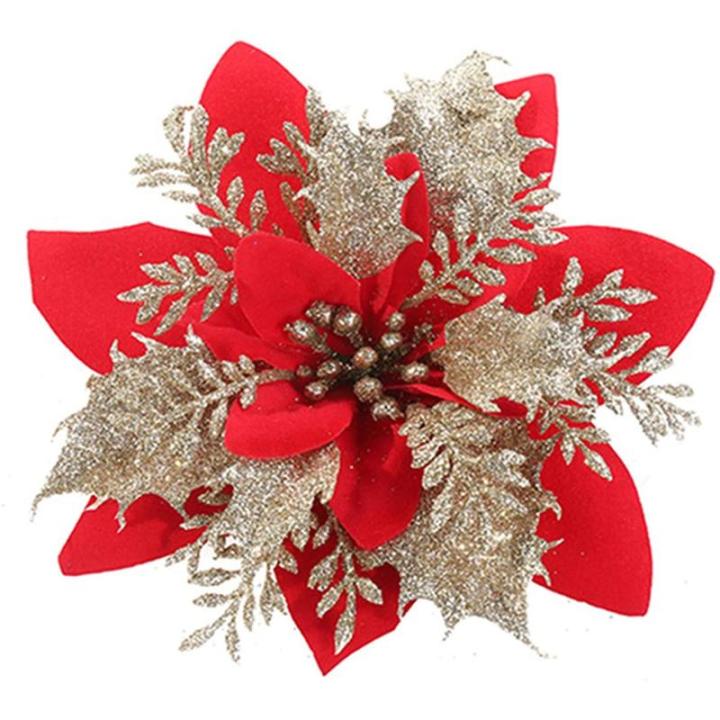 12 stuks glitter kerstboomversieringen Kerstmis bloemen ornament kerstdecoratie kerstboomhanger 14 cm (rood + goud)