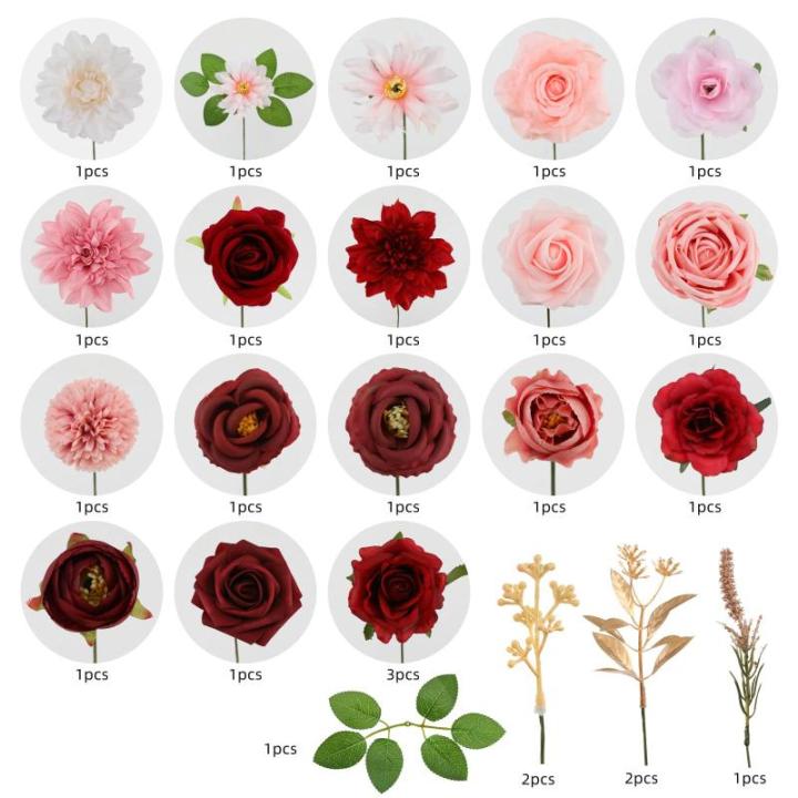 Künstliche Blumen Combo Rote Blumen Mix Seidenblumen Dahlie Rosen mit Stielen für DIY Hochzeit Brautsträuße Babyparty Blumenarrangement Tischaufsätze Heimdekorationen