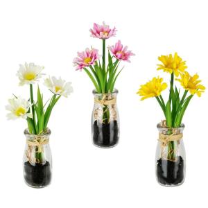 Kunstmini-margrieten in glazen arrangement madeliefjes, decoratie, decoratieve bloemen, planten, , voorjaarsdecoratie, , voorjaar, Pasen, paasdecoratie,