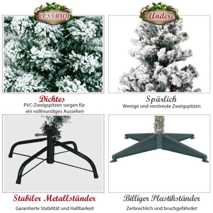 Kunstkerstboom met sneeuw en warmwitte ledverlichting, dennenboom met metalen standaard, pvc-naalden, kunstboom, kerstgroen, 135/180/225 cm