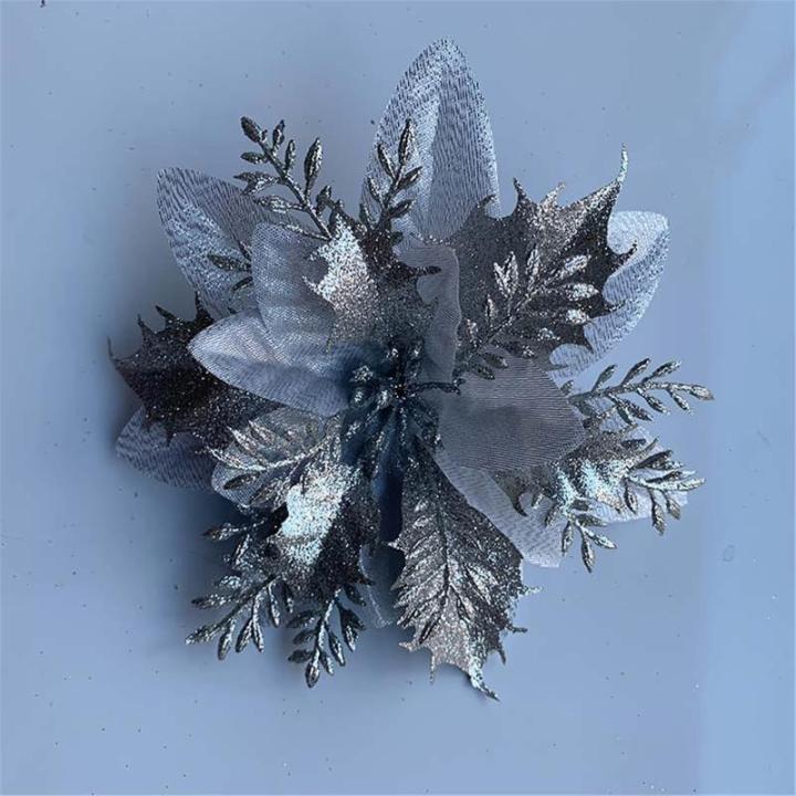 12 stuks glitter kerstboomversieringen Kerstmis bloemen ornament kerstdecoratie kerstboomhanger 14 cm (zilver)