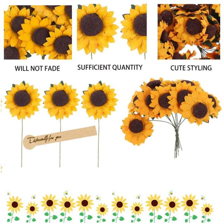 Kunstzonnebloemen, decoratie, 100 stuks met 5 stickers, enkele steel, zijde, zonnebloem als echt, nep zonnebloem, gele bloemen, voor bruiloft, feest, doe-het-zelf, uitnodigingskaar