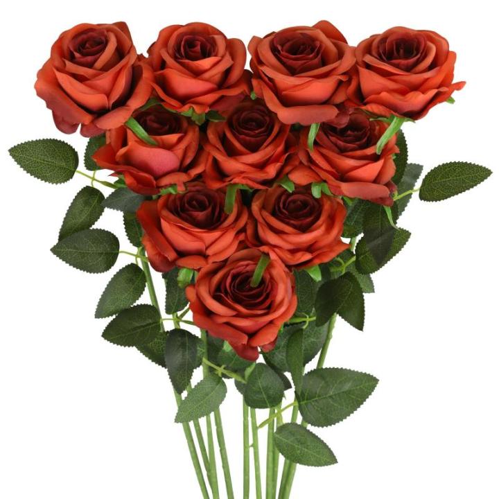 10 stuks kunstmatige rozenbruine bloemen, realistisch boeket, neprozen met enkele steel voor thuis, feest, bruiloft, boeket (verbrand oranje)