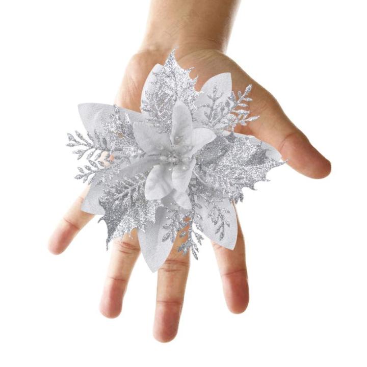 GL-Turelfies 12 STK. Glitzer Weihnachtsblumen (15cm/5,9'') mit 12 STK. Clips Künstliche Weihnachtsstern Blumen Weihnachtsbaum Blumenschmuck Weihnachtsbaum Ornamente (Silber)