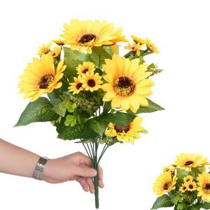 2 trossen kunstzonnebloem boeket, nep zijden zonnebloem bloemen, realistische planten voor huwelijksfeest, jubileum, thuiskantoor, tafeldecoratie (kort)