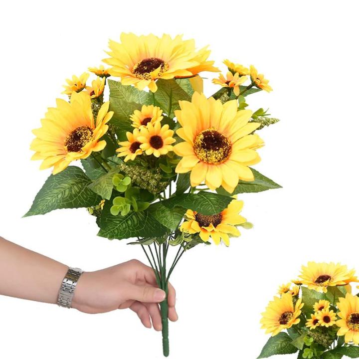 2 trossen kunstzonnebloem boeket, nep zijden zonnebloem bloemen, realistische planten voor huwelijksfeest, jubileum, thuiskantoor, tafeldecoratie (kort)