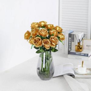 Kunstmatige Zijde Roos Bloem Boeket Levensechte Nep Roos voor Bruiloft Thuis Party Decoratie Evenement Gift 10 stks (Goud)
