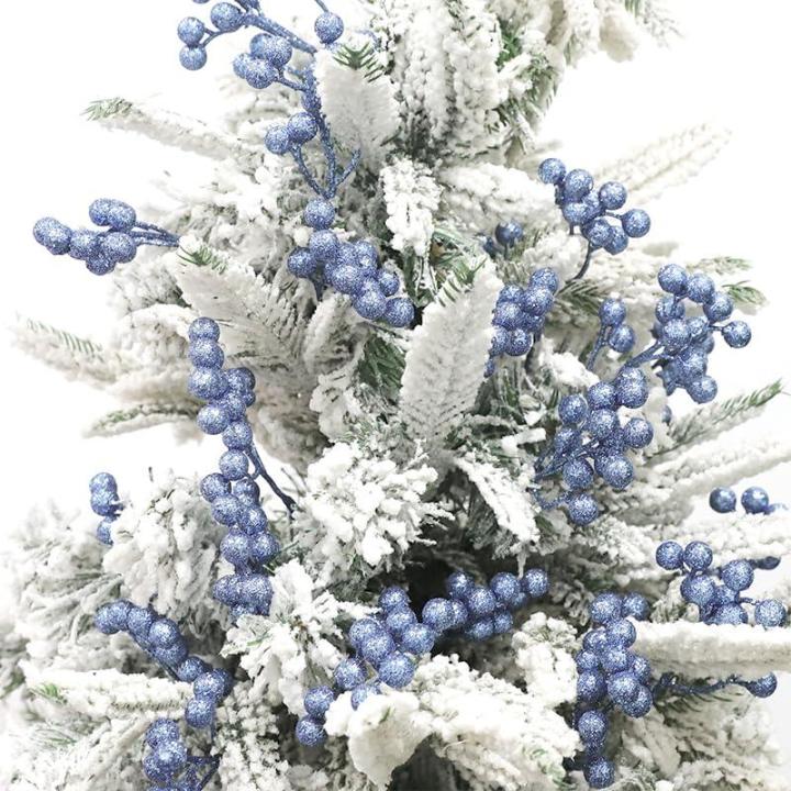 Kunstrode bessen voor Kerstmis, hulstbessen, bordeauxrode bessen, rode bessen, takken voor kerstboom (blauw)