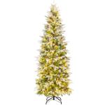 Kunstkerstboom van 190 cm met verlichting en sneeuw, potlood dennenboom met 280 warmwitte ledlampen en 60 dennenappels, smalle kerstboom voor thuis
