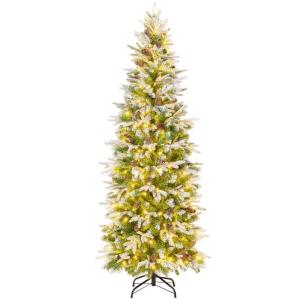 Kunstkerstboom van 190 cm met verlichting en sneeuw, potlood dennenboom met 280 warmwitte ledlampen en 60 dennenappels, smalle kerstboom voor thuis