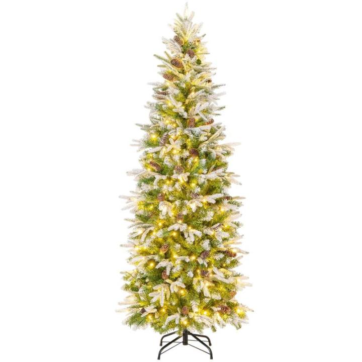 Kunstkerstboom van 190 cm met verlichting en sneeuw, potlood dennenboom met 280 warmwitte ledlampen en 60 dennenappels, smalle kerstboom voor thuis