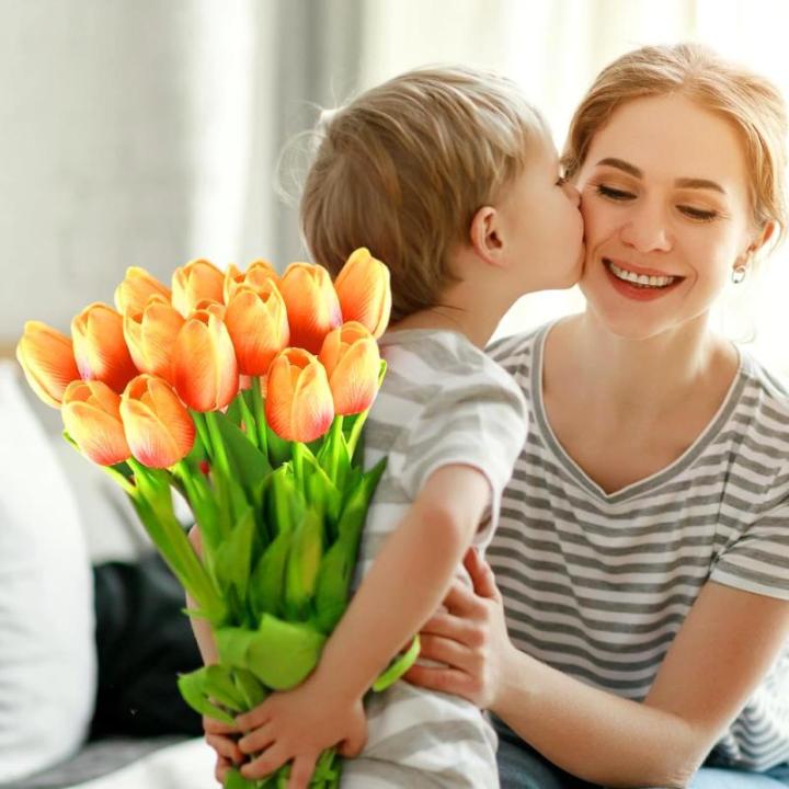 15 stuks kunsttulpen, kunsttulpen van latex, realistisch boeket van tulpen voor doe-het-zelf boeketten, bruiloft, babyfeestjes (zonsondergang)