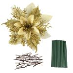 Künstliche Weihnachtsblumen, 24 Stück Weihnachtsbaumblumen mit Clips, Weihnachtsbaumschmuck, künstliche Blumenornamente für Winter, Hochzeit, Party, Kranz, Dekoration (Gold)