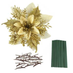 Künstliche Weihnachtsblumen, 24 Stück Weihnachtsbaumblumen mit Clips, Weihnachtsbaumschmuck, künstliche Blumenornamente für Winter, Hochzeit, Party, Kranz, Dekoration (Gold)