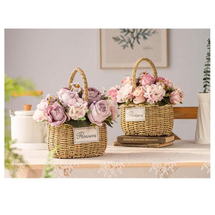 Kunstblumen Künstliche Blumen mit Vase, künstliche Hortensien mit Stroh-Handblumenkorb, künstliche Pflanzen-Dekor – Seidenrosen-Ornamente für jeden Anlass