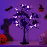 Halloween Dekor Innen Schwarz Ahornblatt Baum Lichter mit 24 LEDs,Halloween Deko Gruselig Lichterbaum mit LED Spinnenlicht,Birkenbaum mit Timer für Halloween Decoration Tischlicht