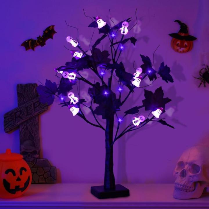 60CM Halloween Deko Künstliche Baumlampe mit 24 LED Geister Licht, Herbstdeko Lichterbaum LED Baum Lichter USB oder Batteriebetrieben Birkenbaum Tischlichter für Halloween Dekora