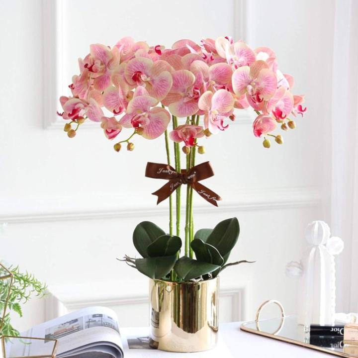 Kunstblumen Künstliche Blume mit goldenem Blumentopf, künstliche Orchideen – 12 Zweige, Elegante künstliche Orchideen, Bonsai-Simulationsblume für jeden Anlass