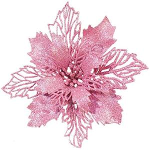 24 Stück Weihnachtsblumen für Weihnachtsbaumdeko, Weihnachten Funkeln Weihnachtsstern Blumen mit Clips für Hochzeit Weihnachtsbaum Neujahr Ornamente (Rosa,9 cm)