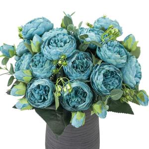 4 bundels pioenroos, kunstroos met 20 koppen, namaakpioenroos, zijde, bloemen, boeketten voor bruiloft, thuis, tafel, feest, raamdecoratie, blauw
