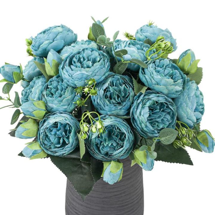 4 bundels pioenroos, kunstroos met 20 koppen, namaakpioenroos, zijde, bloemen, boeketten voor bruiloft, thuis, tafel, feest, raamdecoratie, blauw