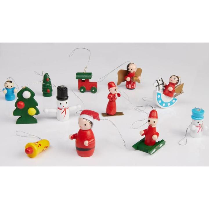 24 Stuks Houten Kerstboomdecoraties - tot 4 cm Hoge Figuren - Kerstmis Houten et Handbeschilderd - Traditionele Boom Kerstboomdecoraties - Dennenbomen - Kerstman - Engelen
