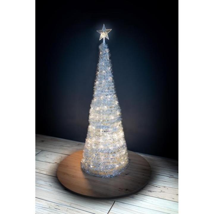 Pop-up spiraalkerstboom, 150 cm, met 120 leds en sterpunt, zilver, kunstdennenboom, warm wit verlicht voor buiten en binnen, kerstdecoratie, tuinverlichting met stekker