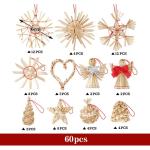 Kerstboomversiering, 60 stuks, handgemaakte kerstboom van stro, strosterren, Kerstmis, bevat kerstman, sterren, hart, natuurlijke boomversiering, Kerstmis voor kerstboomdecoratie