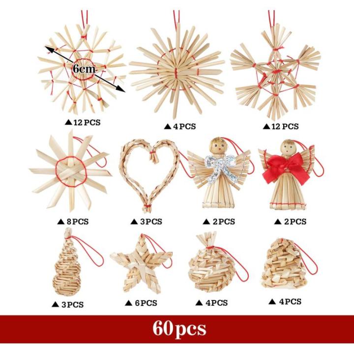 Kerstboomversiering, 60 stuks, handgemaakte kerstboom van stro, strosterren, Kerstmis, bevat kerstman, sterren, hart, natuurlijke boomversiering, Kerstmis voor kerstboomdecoratie