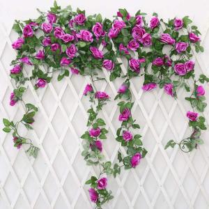 guirlande met kunstrozen, 2 stuks, 220 cm, hangende bloemen van zijde voor outdoor, indoor, bruiloft, badkamer en wanddecoratie (paars)