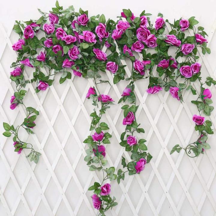 guirlande met kunstrozen, 2 stuks, 220 cm, hangende bloemen van zijde voor outdoor, indoor, bruiloft, badkamer en wanddecoratie (paars)