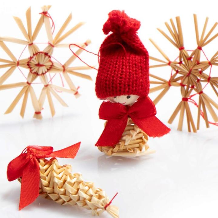70-delige set kerstboomversieringen - Kerstboom van stro - kegels, elfjes, figuren en strosterren - Kerstdecoratie