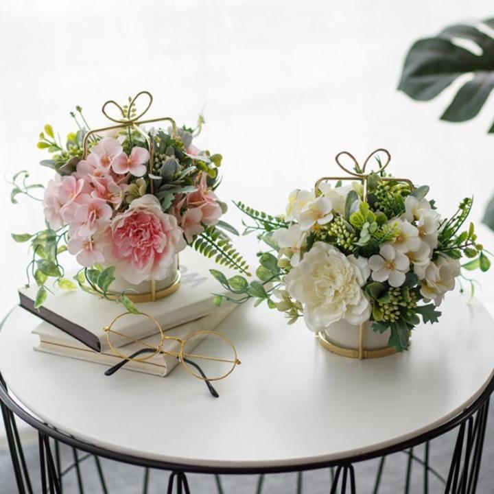 Simulierte Blumenornamente, Blumenarrangements for Wohnzimmer, Couchtisch Und Restaurant, Blumensträuße, Mit Ständer(Blanc)