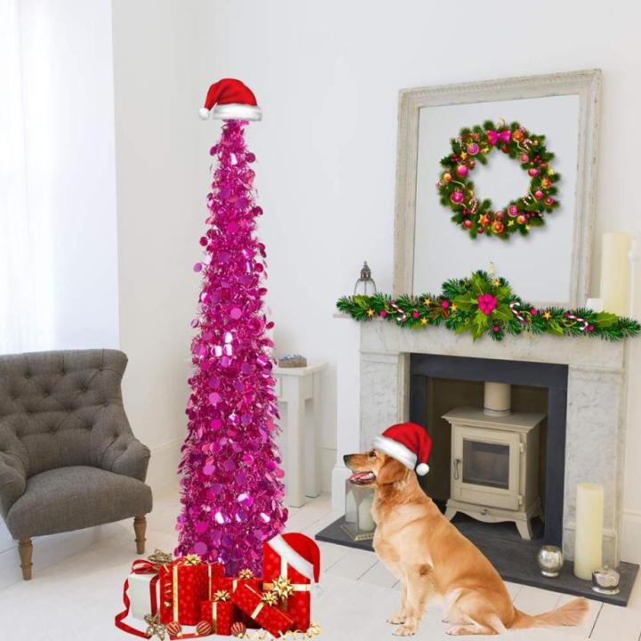 Kerstboom met standaard, 150 cm, pop-up kerstboom, lametta, kustkerstboom, voor feestdagen, kerstdecoraties, woondecoratie, kantoordecoratie, rozerood