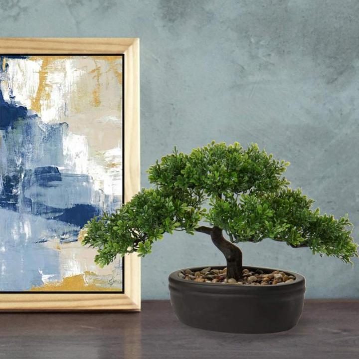 Kunstbonsai Natuurgetrouwe kunstplant, kunstboom, bonsai, ceder, grenen, podocarpus, plastic plant, kunstplant met keramische pot in zwart, voor badkamerdecoratie, desktop, kantoor