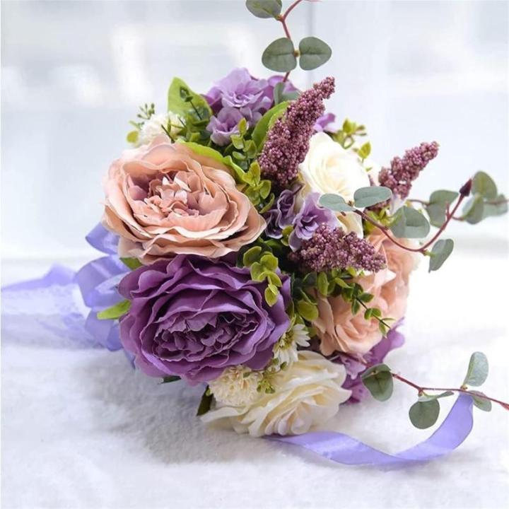 Hochzeitsstrauß for die Braut mit künstlichen Blumen, 10-Zoll-Hochzeitssträuße, künstlich blühende Rosen, Brautjungfernstrauß, Seidenrosen-Wurfsträuße.(Purple)