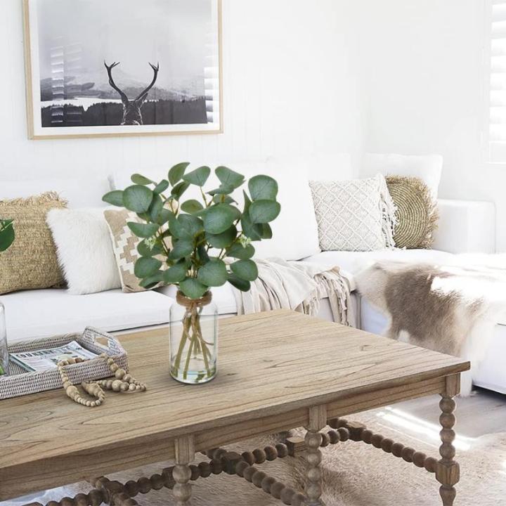 35 cm kunstmatige eucalyptus-takken met glazen vaas, eucalyptus-kunststof, plant, eucalyptus, , realistische eucalyptus, decoratie, zilverdollar voor bruiloft, tafeldecoratie kanto