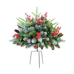 Beleuchteter Weihnachtsbaum-Gartenstecker, beleuchteter künstlicher Weihnachtsurnenfüller, vorbeleuchtete Weihnachtskiefern mit Zapfen, roten Beeren, 8 Beleuchtungsmodi für die 