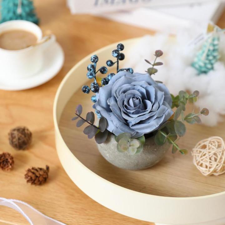 Kunstroos bloem met pot, combinatie van namaakzijden roos en groen, kleine kunstplant met eucalyptusbladeren voor slaapkamer, boekenkast, decoraties (1, blauwe roos)